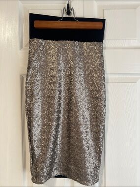 bebe Silver Sequin Pencil Skirt with Black Fold-Over Waistband